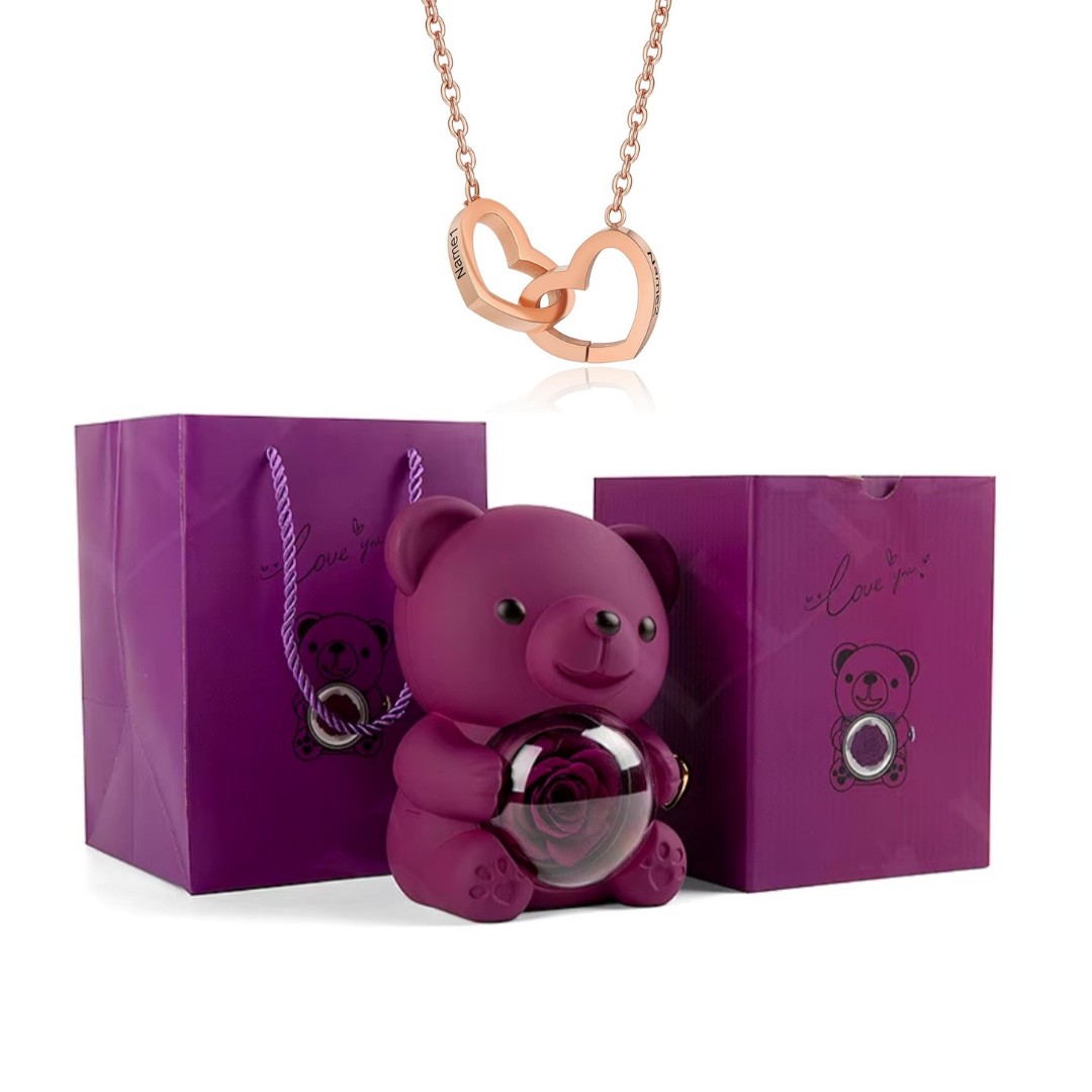 Urso Rotativo Com Rosa Real & Colar Dual Love Personalizado