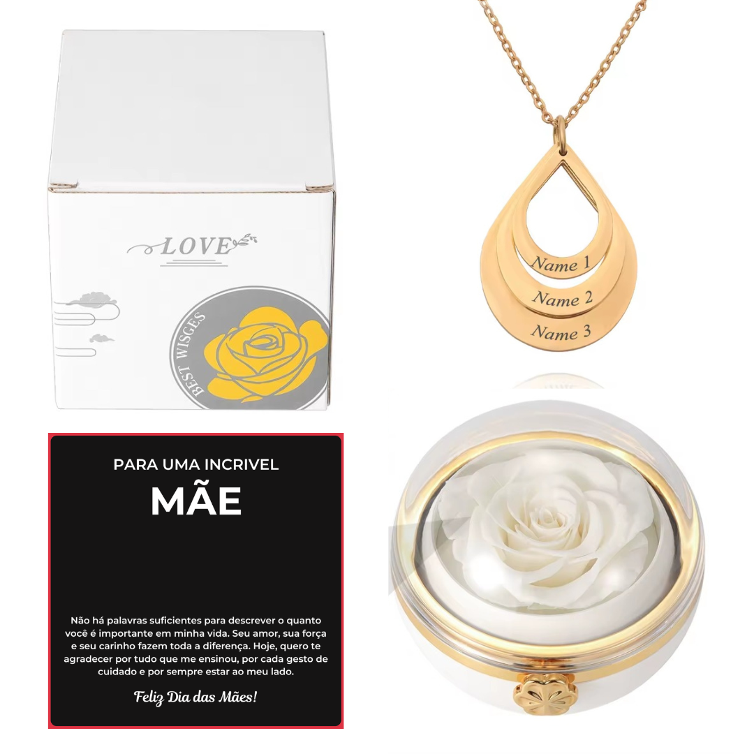 Caixa Rotativa Com Rosa & Colar Pingo Personalizado Com Nomes