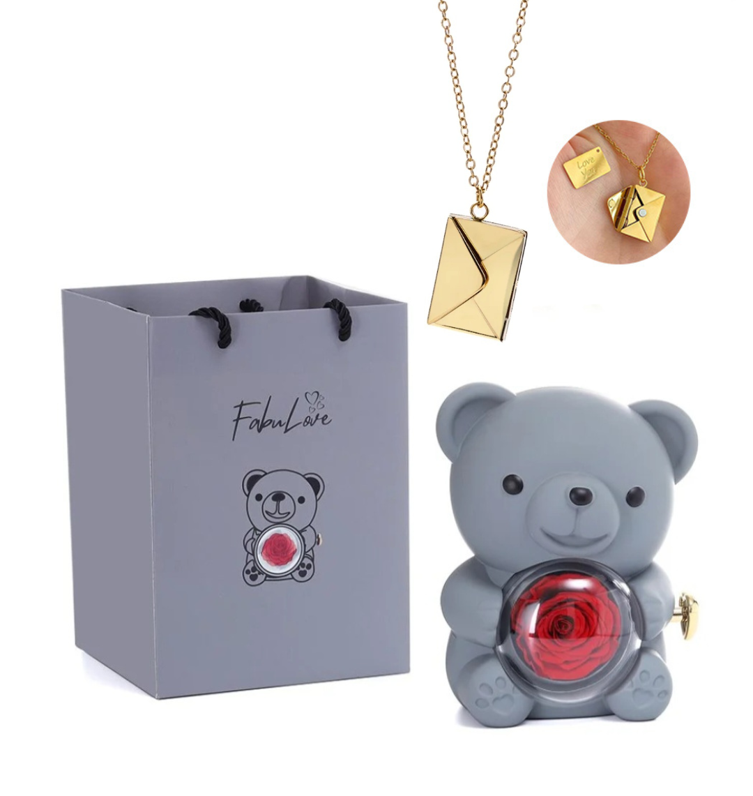 Urso Rotativo Com Rosa Real & Colar Envelope Persolalizado