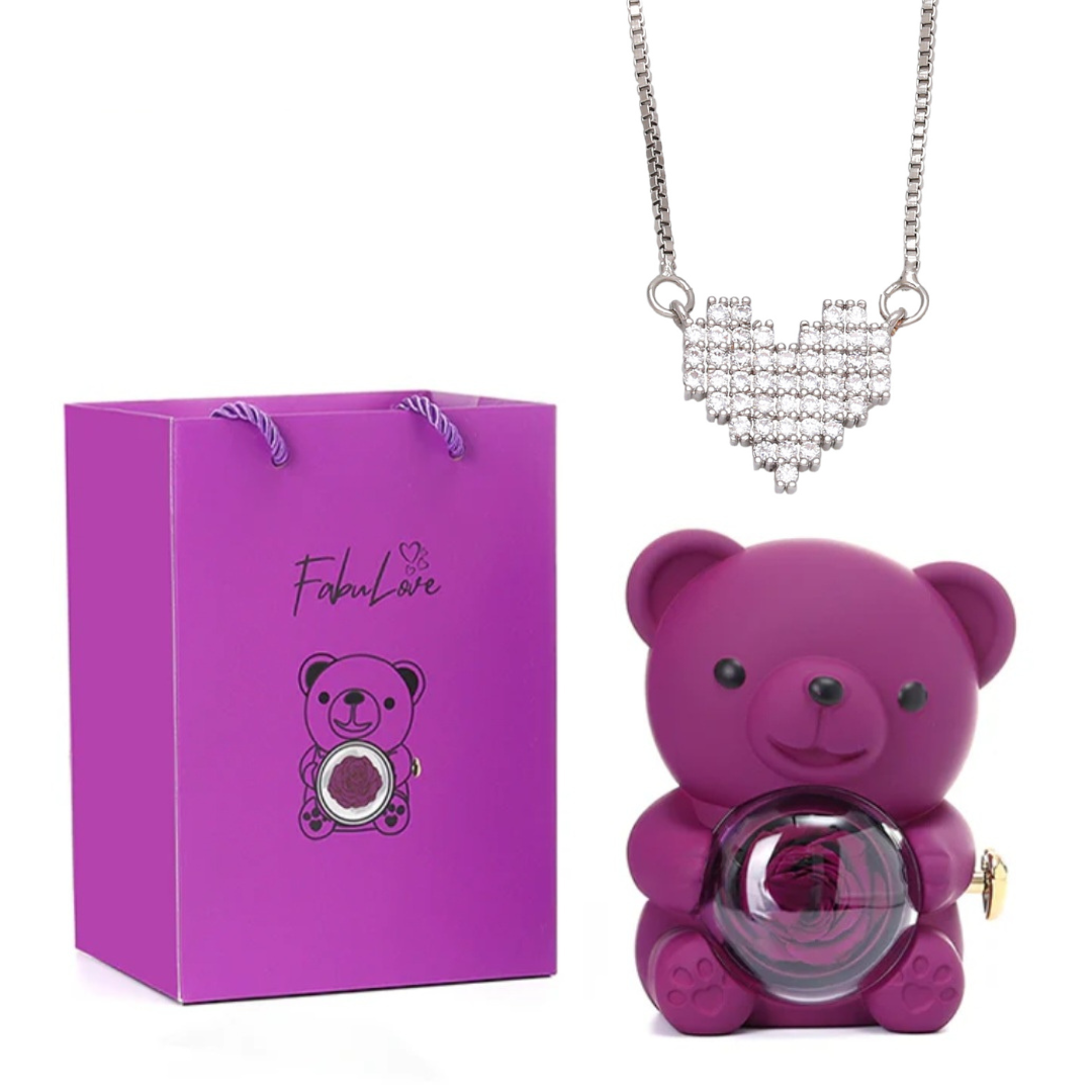 Urso Rotativo Com Rosa Real & Colar Coração Brilhante