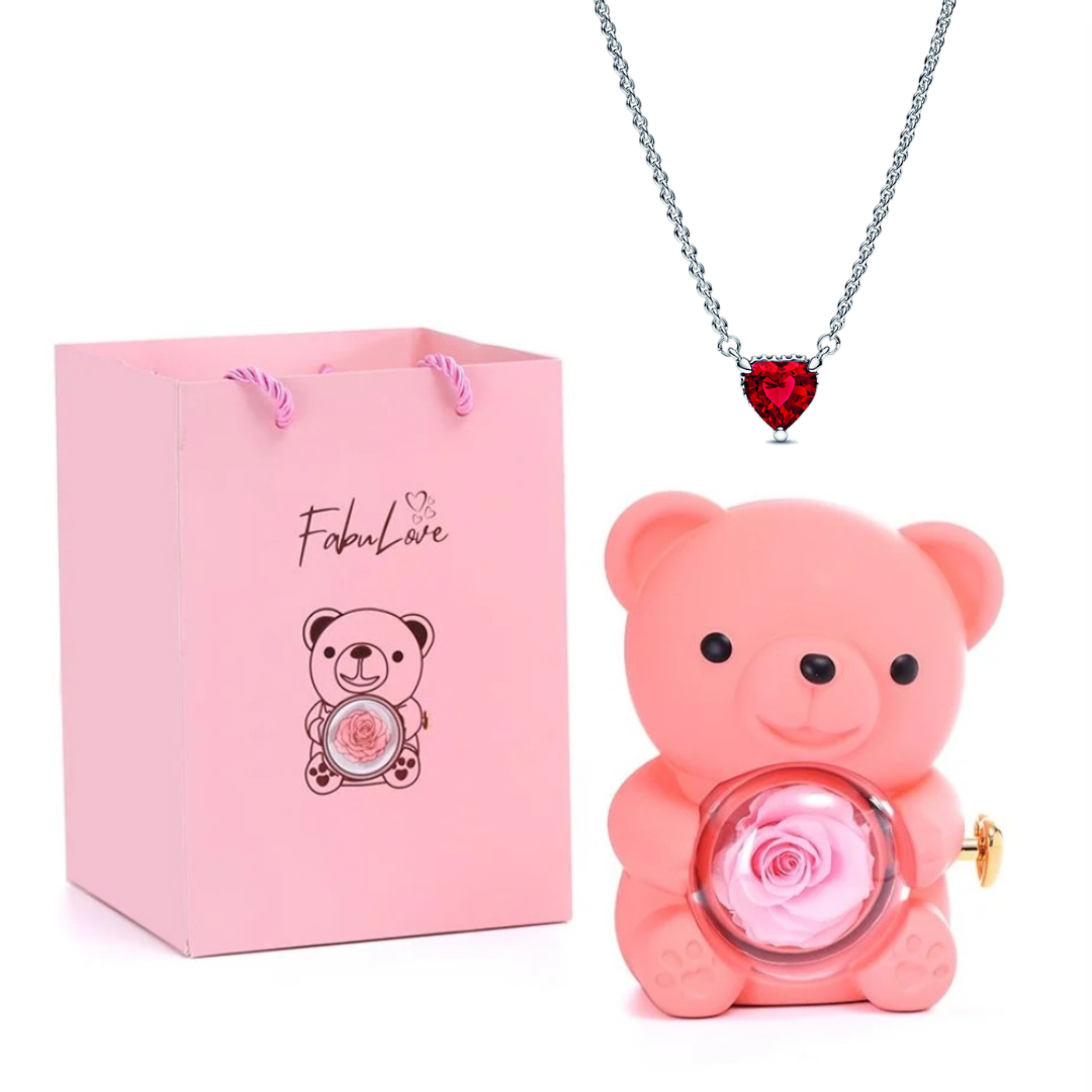 Urso Rotativo Com Rosa Real & Colar Coração