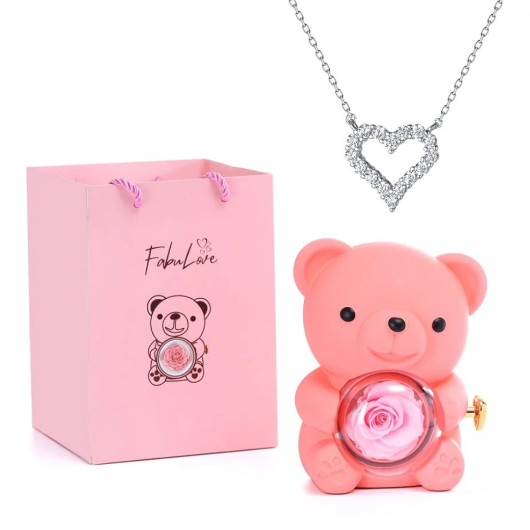 Urso Rotativo Com Rosa Real & Colar Coração Com Pedras