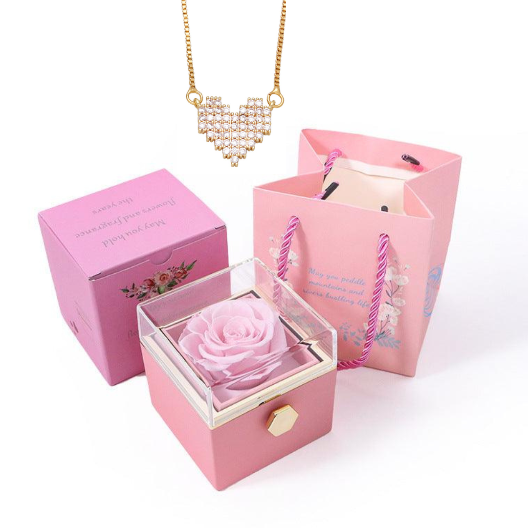 Caixa Rotativa Rosa Real & Colar Coração Em Pedras