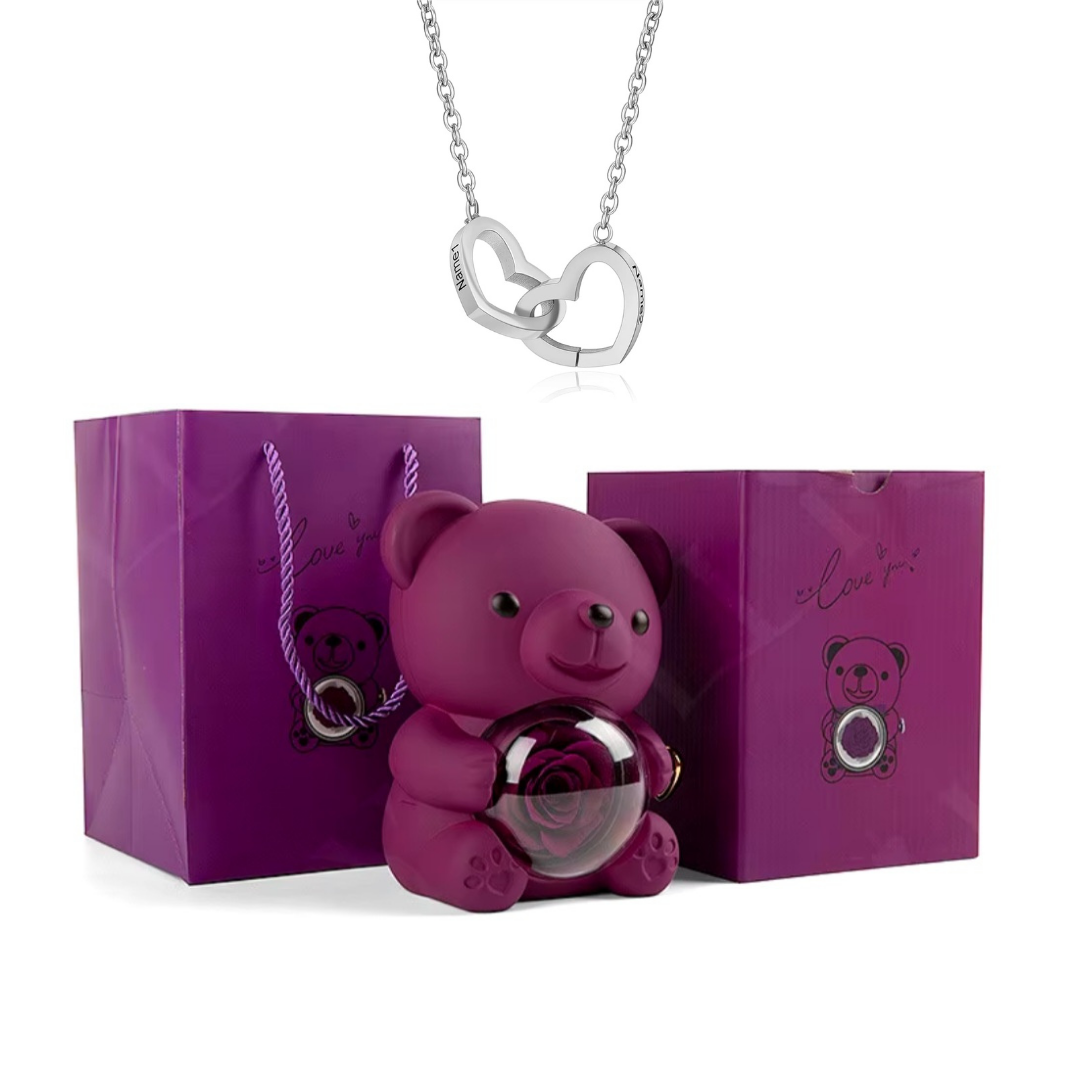 Urso Rotativo Com Rosa Real & Colar Dual Love Personalizado