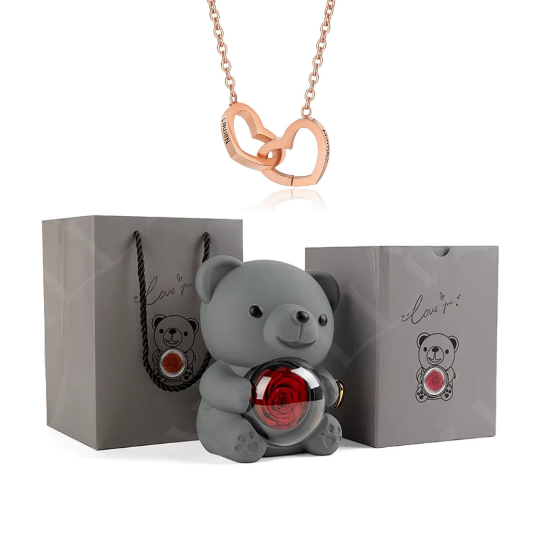 Urso Rotativo Com Rosa Real & Colar Dual Love Personalizado