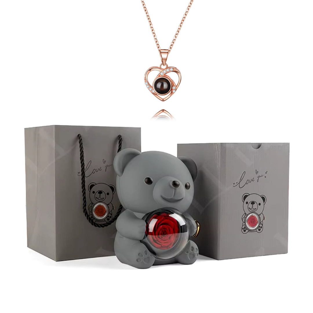 Urso Rotativo Com Rosa Real & Colar Eu Te Amo 100 Idiomas