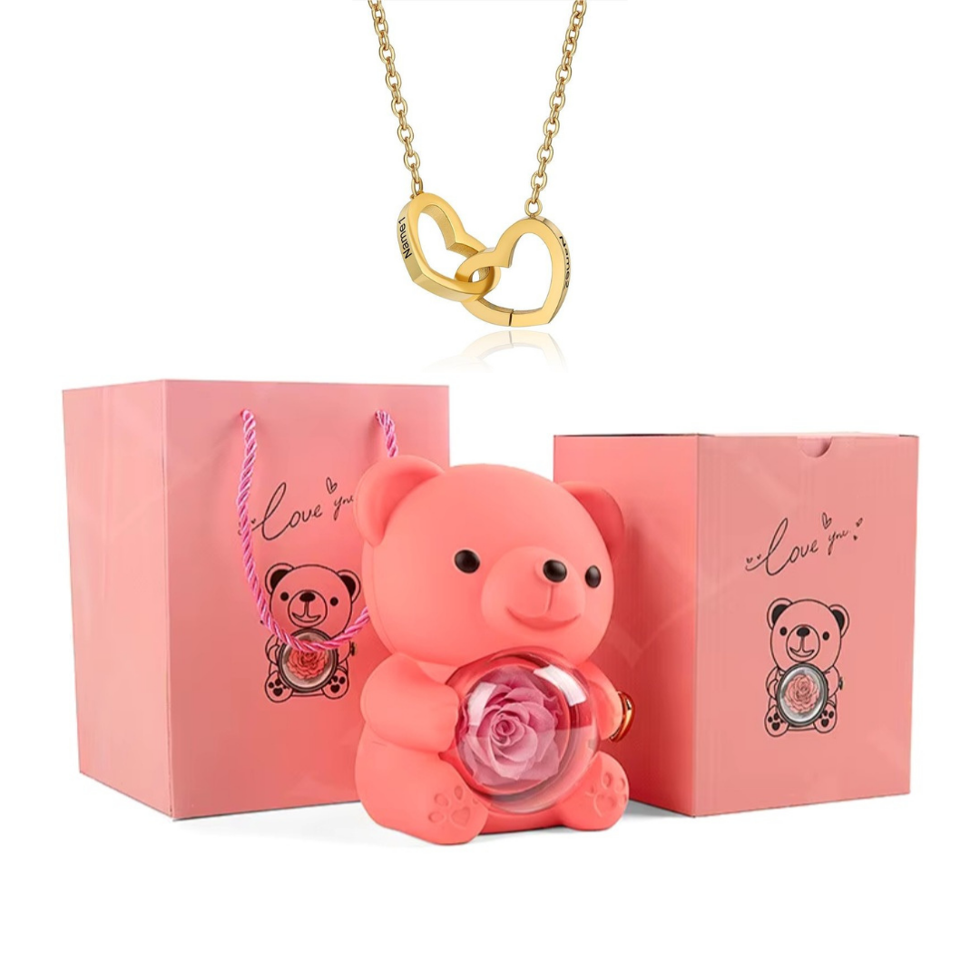Urso Rotativo Com Rosa Real & Colar Dual Love Personalizado
