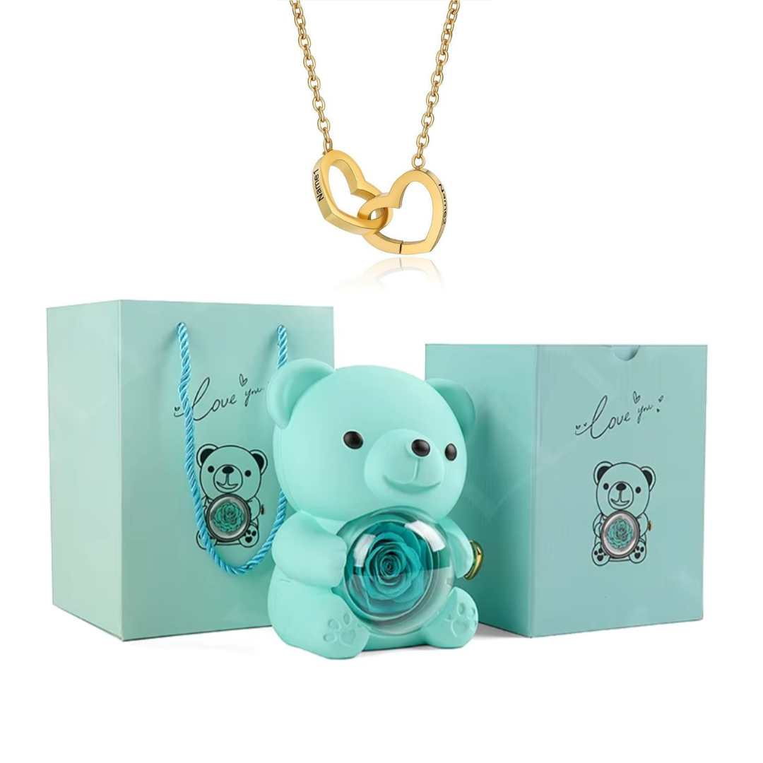 Urso Rotativo Com Rosa Real & Colar Dual Love Personalizado