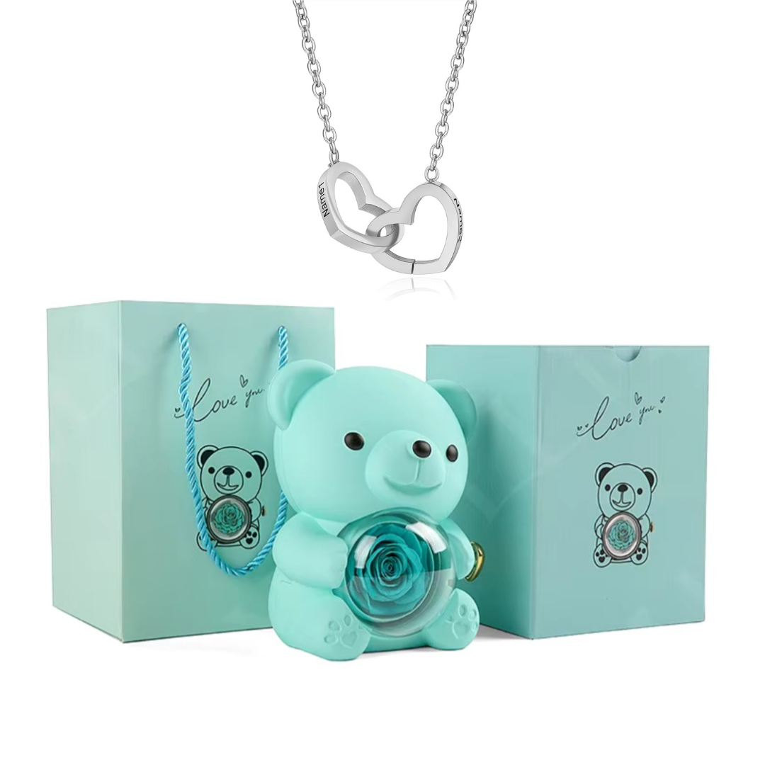 Urso Rotativo Com Rosa Real & Colar Dual Love Personalizado