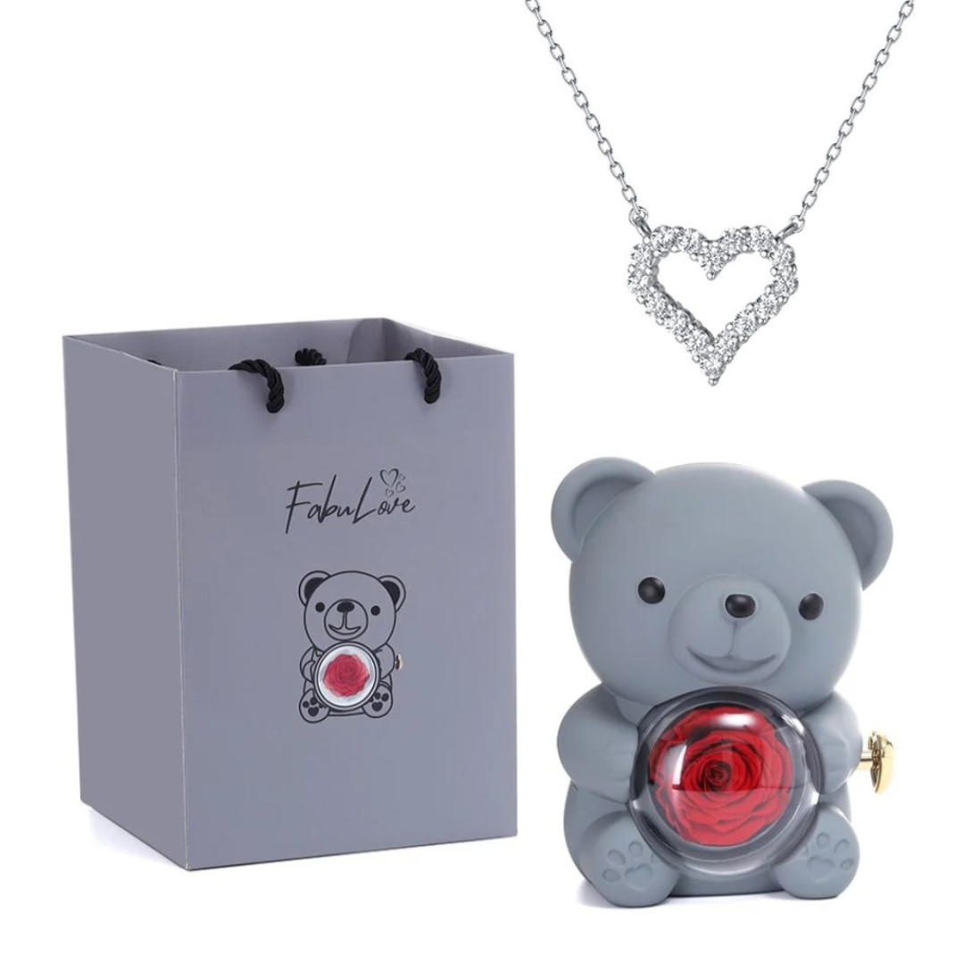 Urso Rotativo Com Rosa Real & Colar Coração Com Pedras