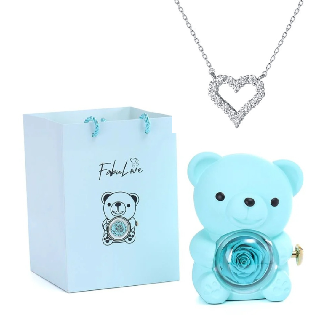Urso Rotativo Com Rosa Real & Colar Coração Com Pedras