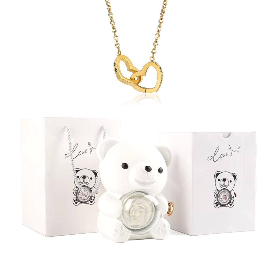 Urso Rotativo Com Rosa Real & Colar Dual Love Personalizado