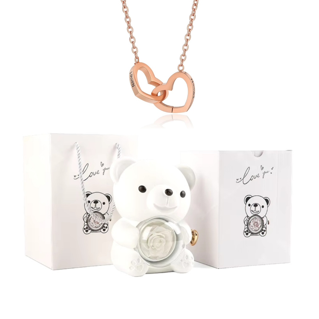 Urso Rotativo Com Rosa Real & Colar Dual Love Personalizado