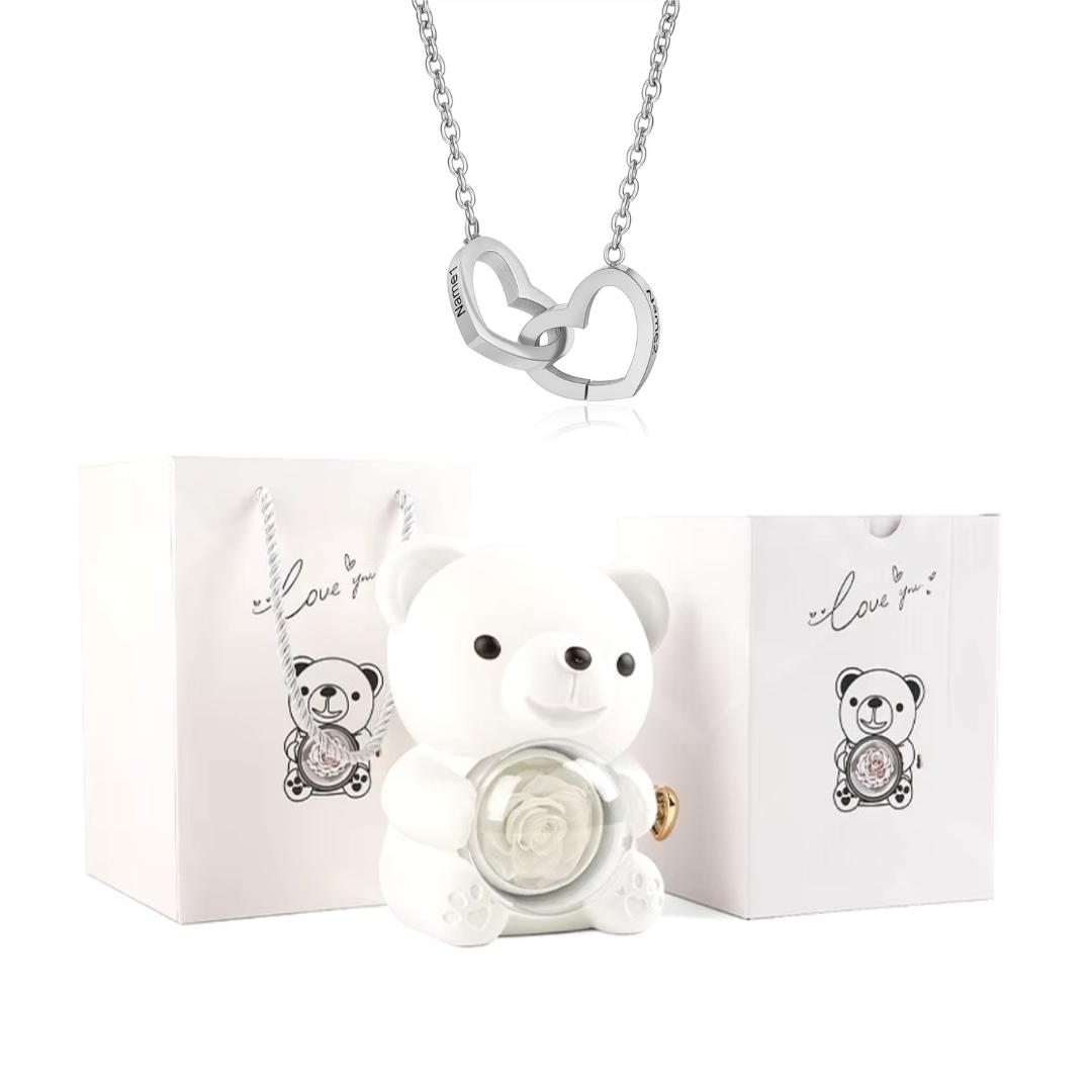 Urso Rotativo Com Rosa Real & Colar Dual Love Personalizado