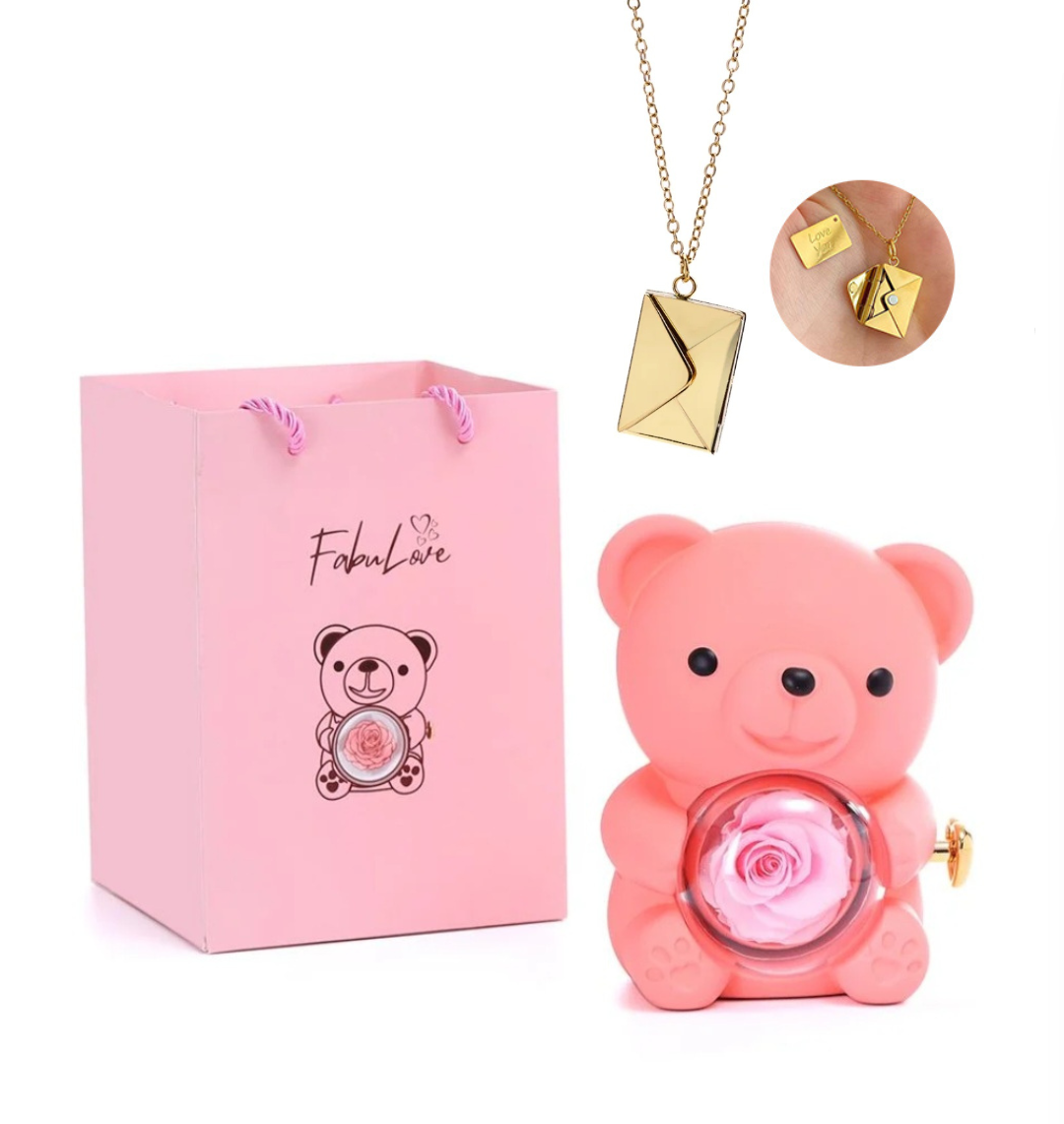 Urso Rotativo Com Rosa Real & Colar Envelope Persolalizado