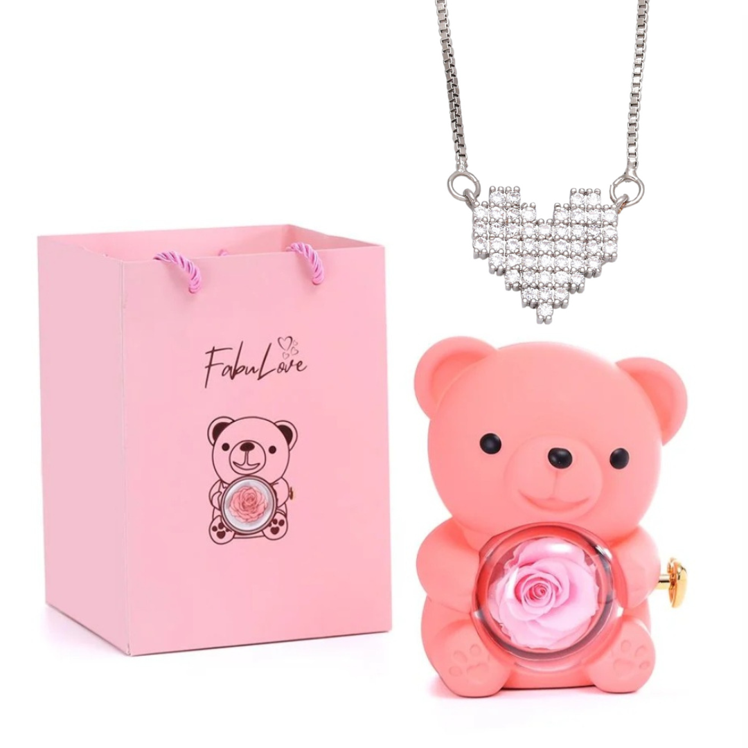 Urso Rotativo Com Rosa Real & Colar Coração Brilhante