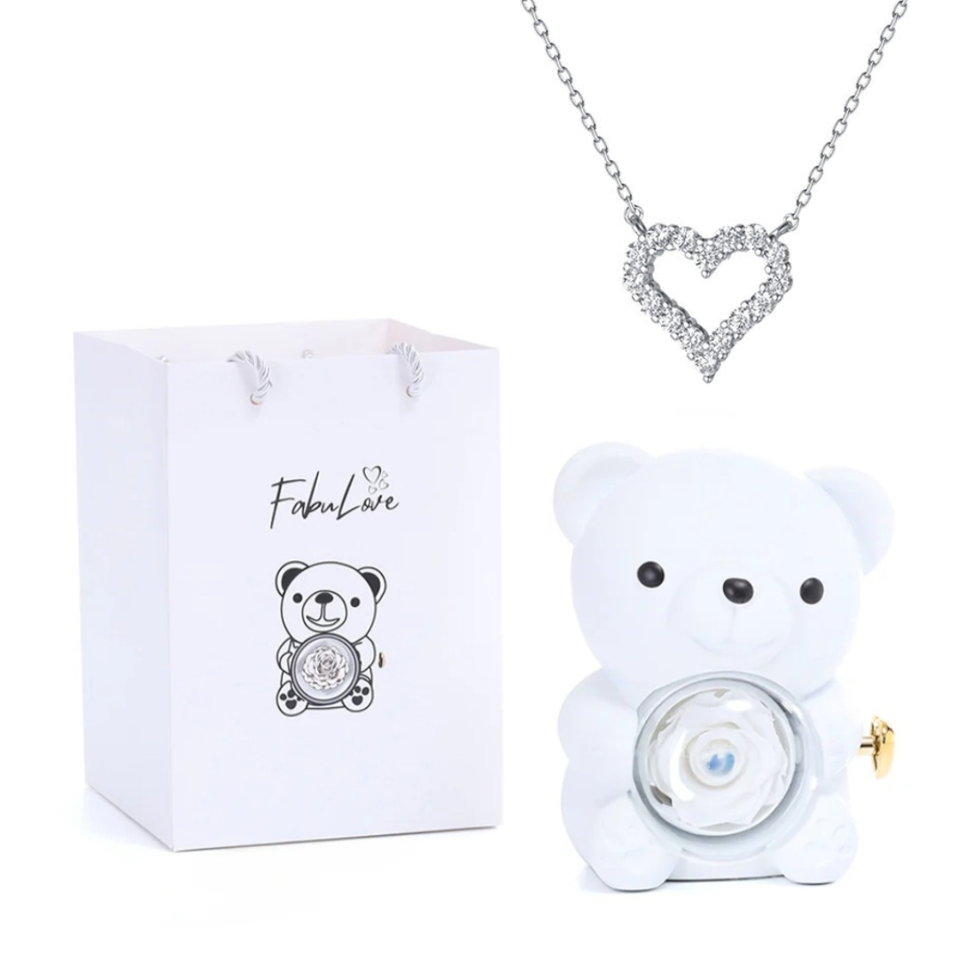 Urso Rotativo Com Rosa Real & Colar Coração Com Pedras