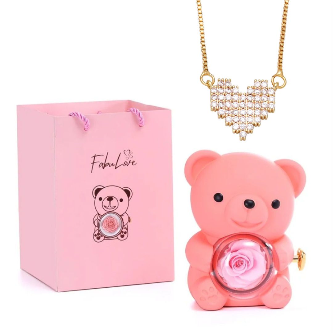 Urso Rotativo Com Rosa Real & Colar Coração Brilhante