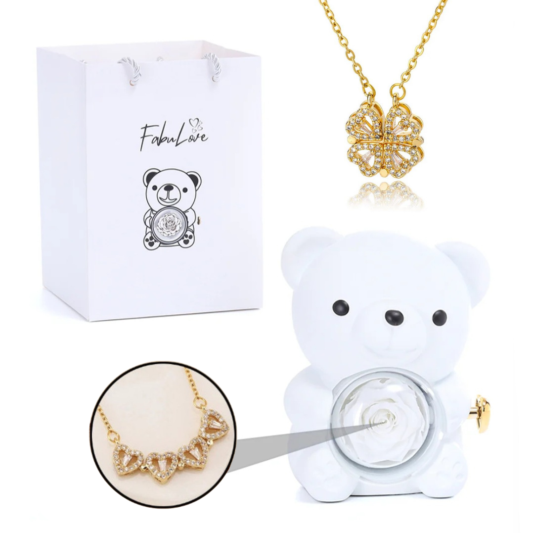 Urso Rotativo Com Rosa Real & Colar Trevo 2 Em 1