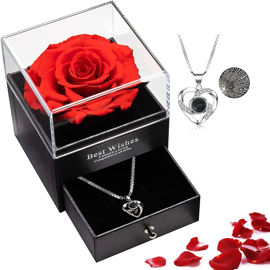 Caixa Com Rosa Real & Colar Eu Te Amo 100 Idiomas