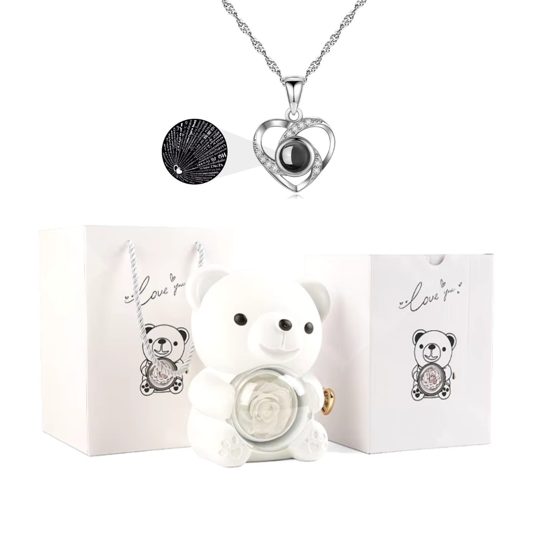 Urso Rotativo Com Rosa Real & Colar Eu Te Amo 100 Idiomas