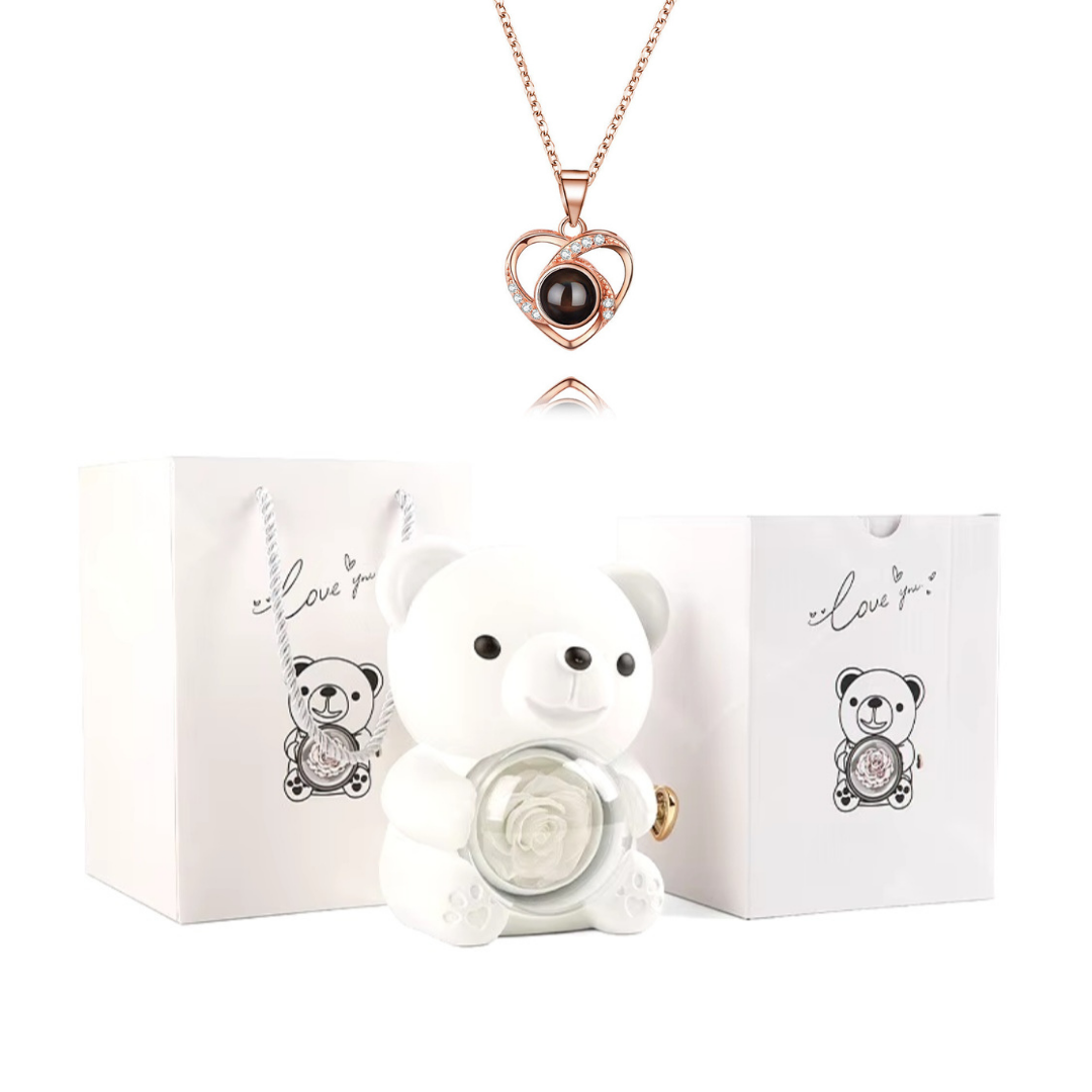 Urso Rotativo Com Rosa Real & Colar Eu Te Amo 100 Idiomas