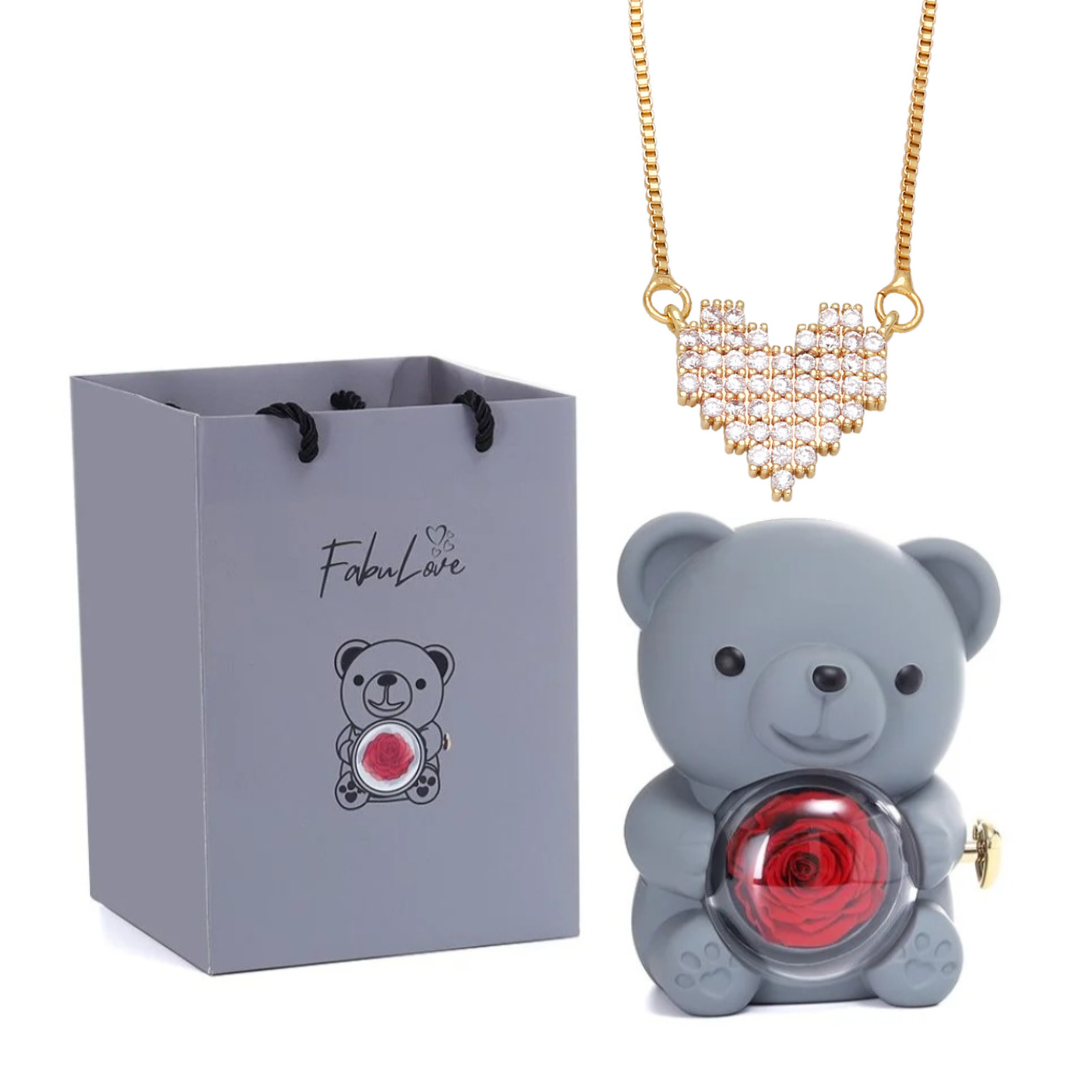 Urso Rotativo Com Rosa Real & Colar Coração Brilhante