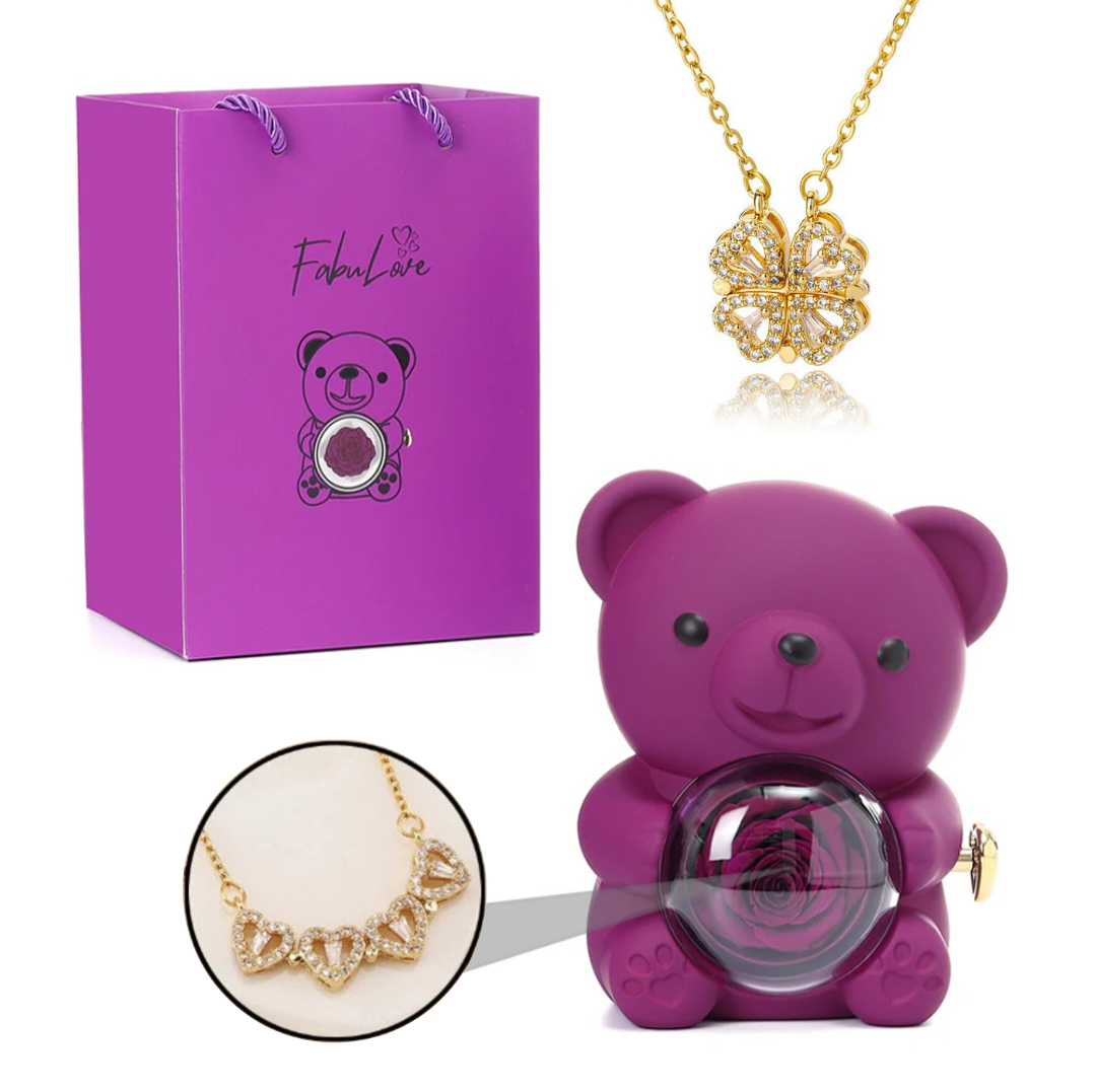 Urso Rotativo Com Rosa Real & Colar Trevo 2 Em 1