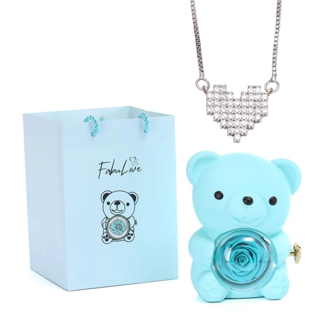 Urso Rotativo Com Rosa Real & Colar Coração Brilhante