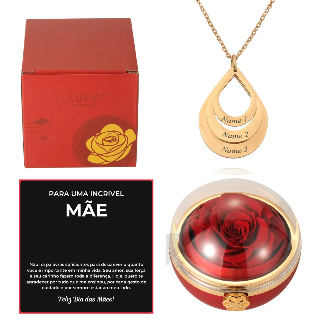 Caixa Rotativa Com Rosa & Colar Pingo Personalizado Com Nomes