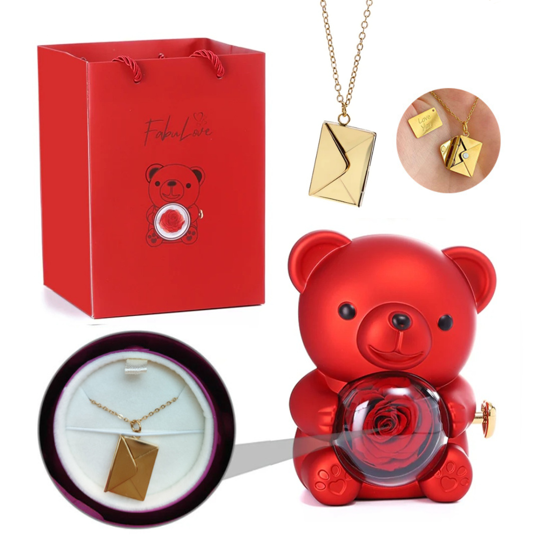 Urso Rotativo Com Rosa Real & Colar Envelope Persolalizado