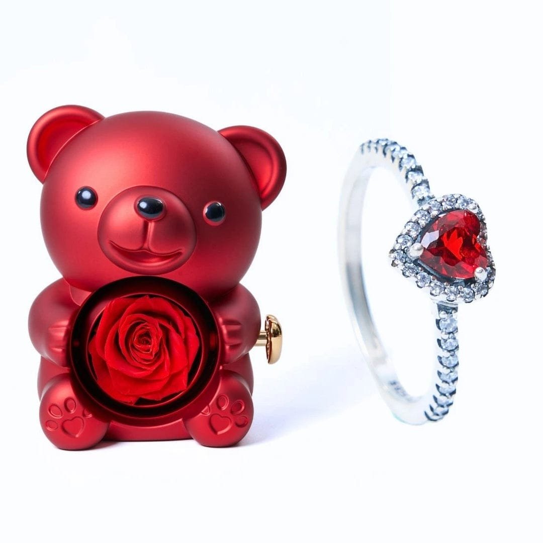 Urso Rotativo Com Rosa Real & Anel Solitario Com Pedra