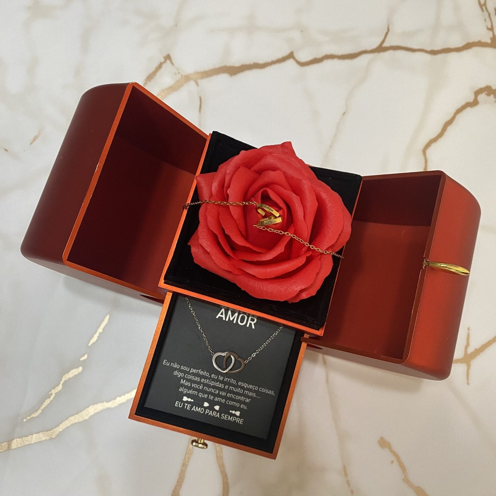 Caixa Maçã Com Rosa & Colar Dual Love Personalizado