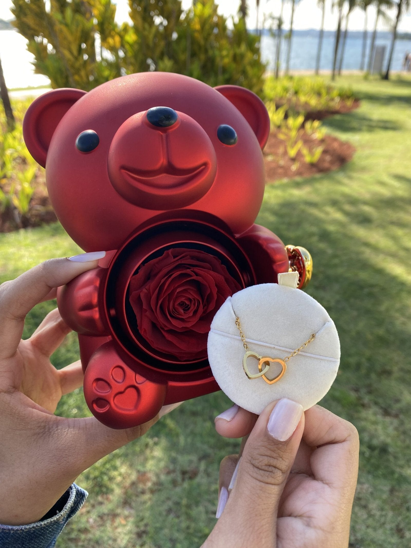 Urso Rotativo Com Rosa Real & Colar Dual Love Personalizado