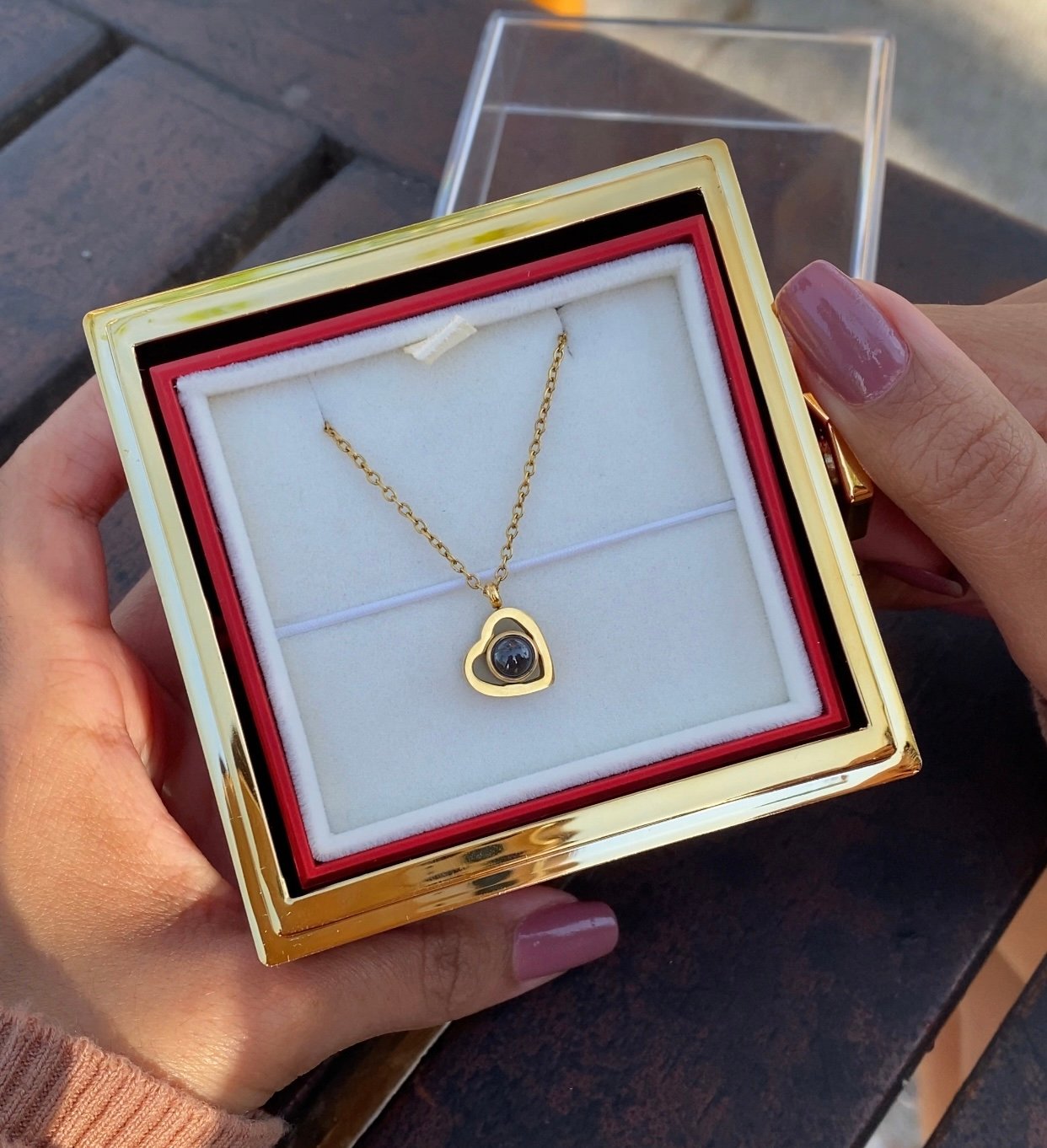 Caixa Rotativa Rosa Real & Colar Projeção Com Foto