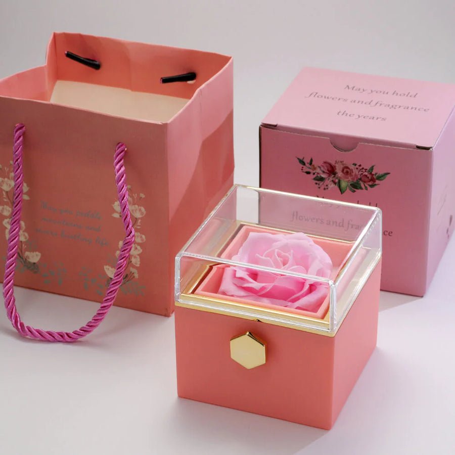 Caixa Rotativa Rosa Real & Colar Eu Te Amo Em 100 Idiomas