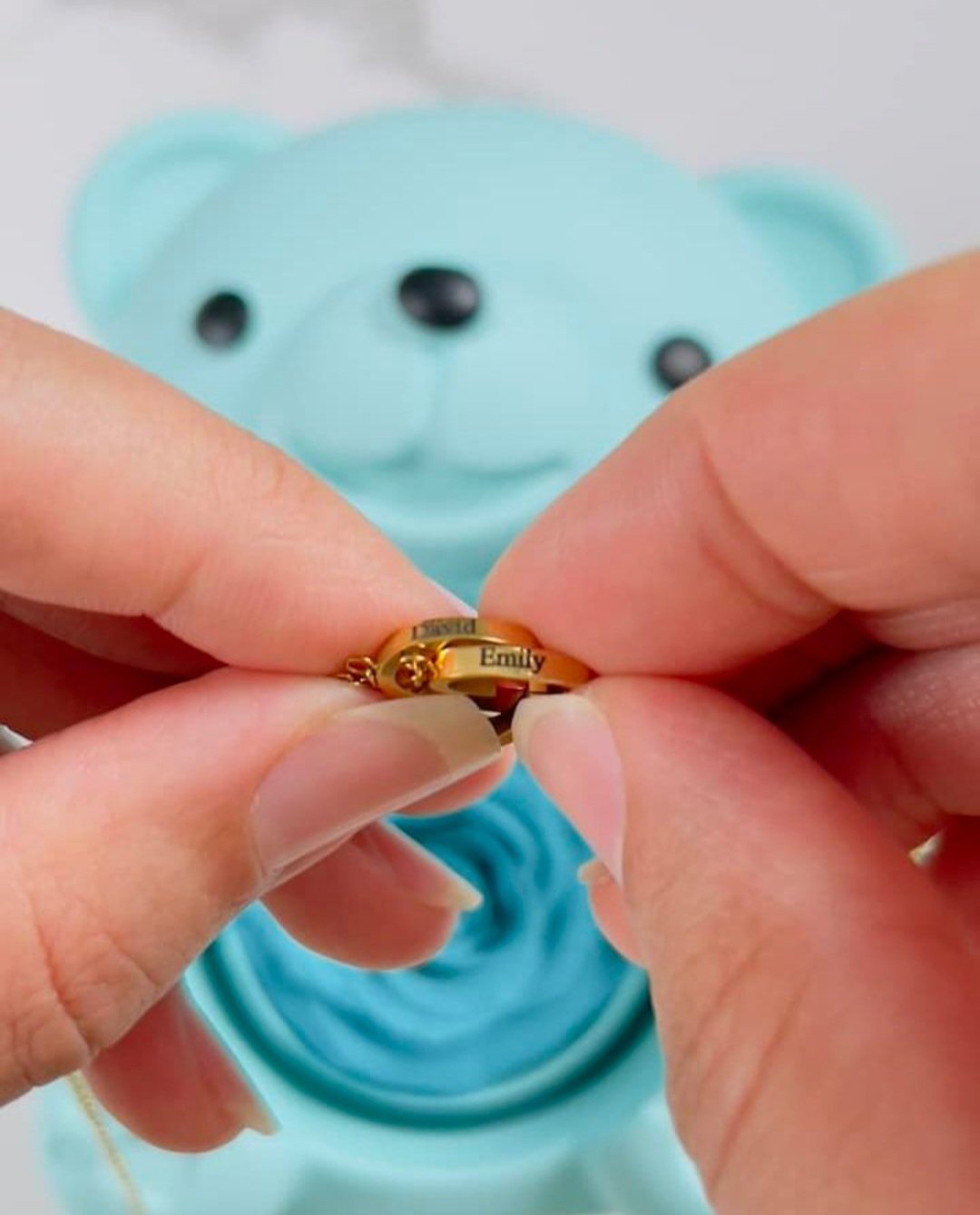 Urso Rotativo Com Rosa Real & Colar Dual Love Personalizado