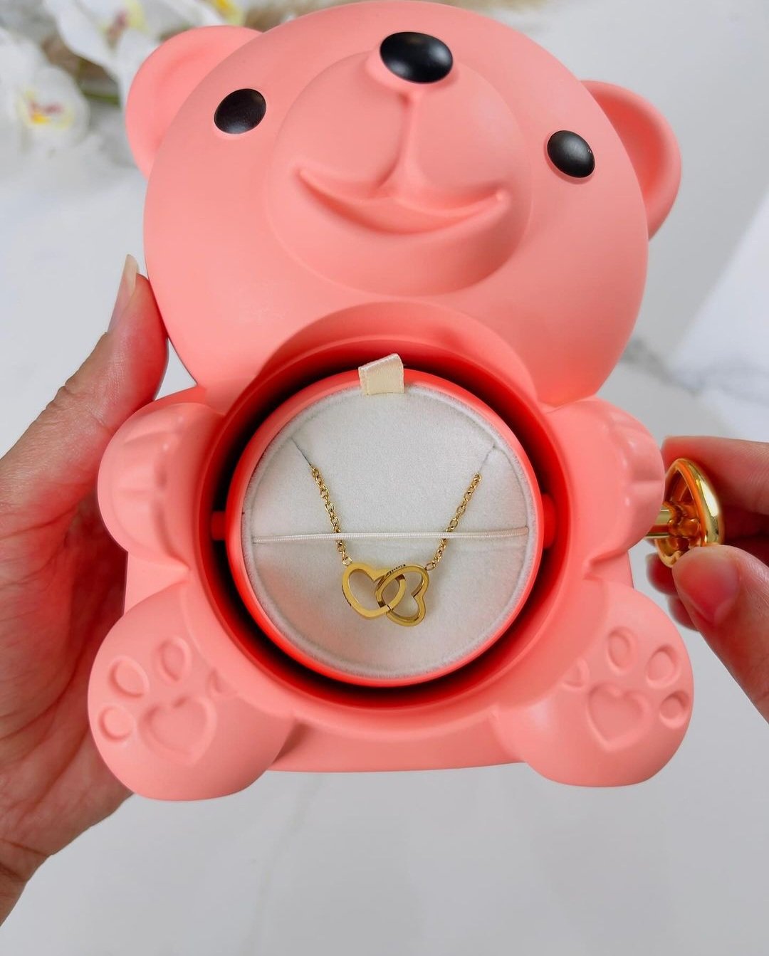 Urso Rotativo Com Rosa Real & Colar Dual Love Personalizado