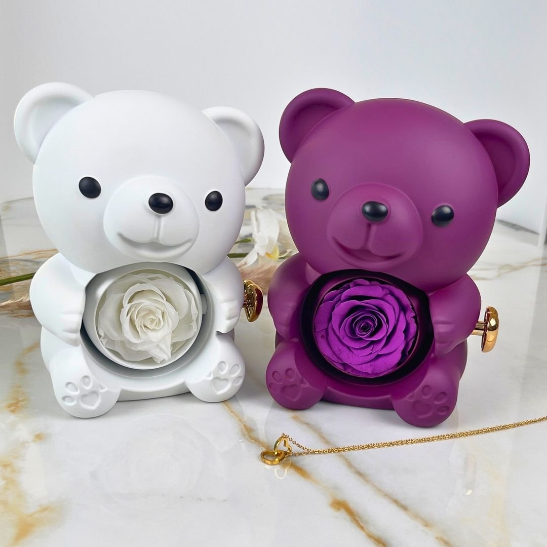 Urso Rotativo Com Rosa Real & Colar Dual Love Personalizado