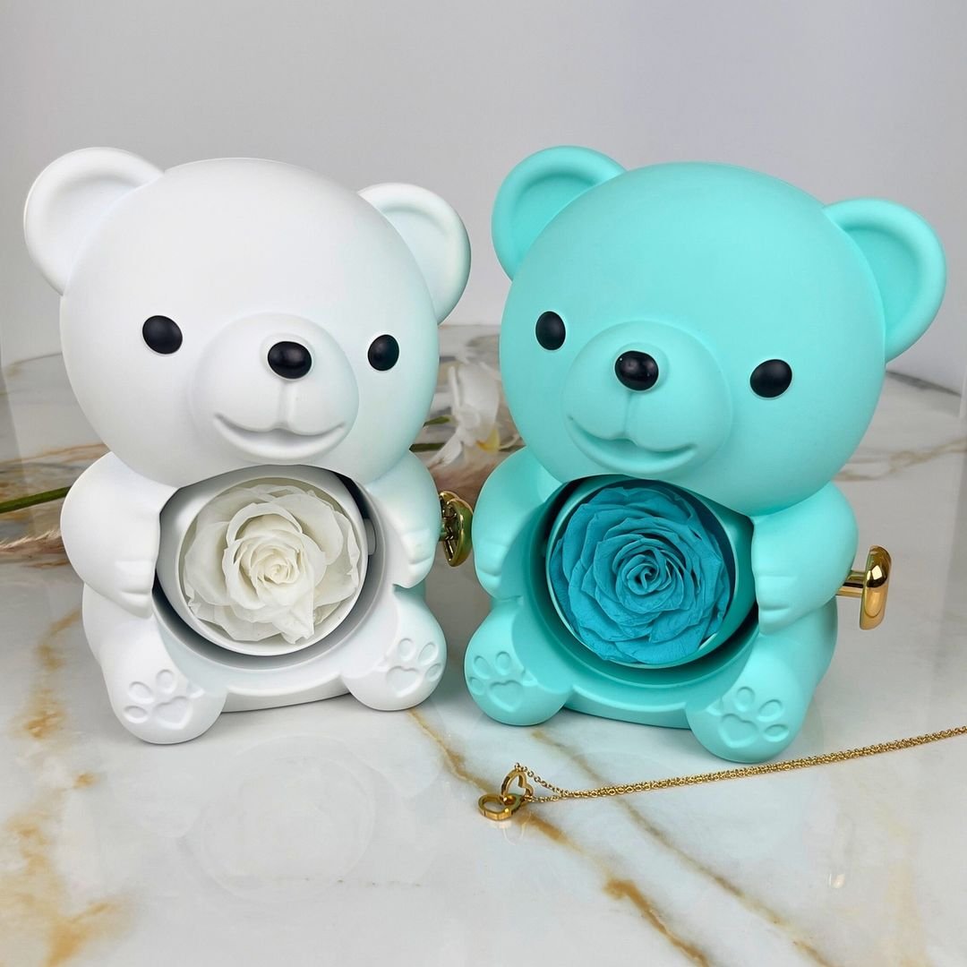 Urso Rotativo Com Rosa Real & Colar Dual Love Personalizado