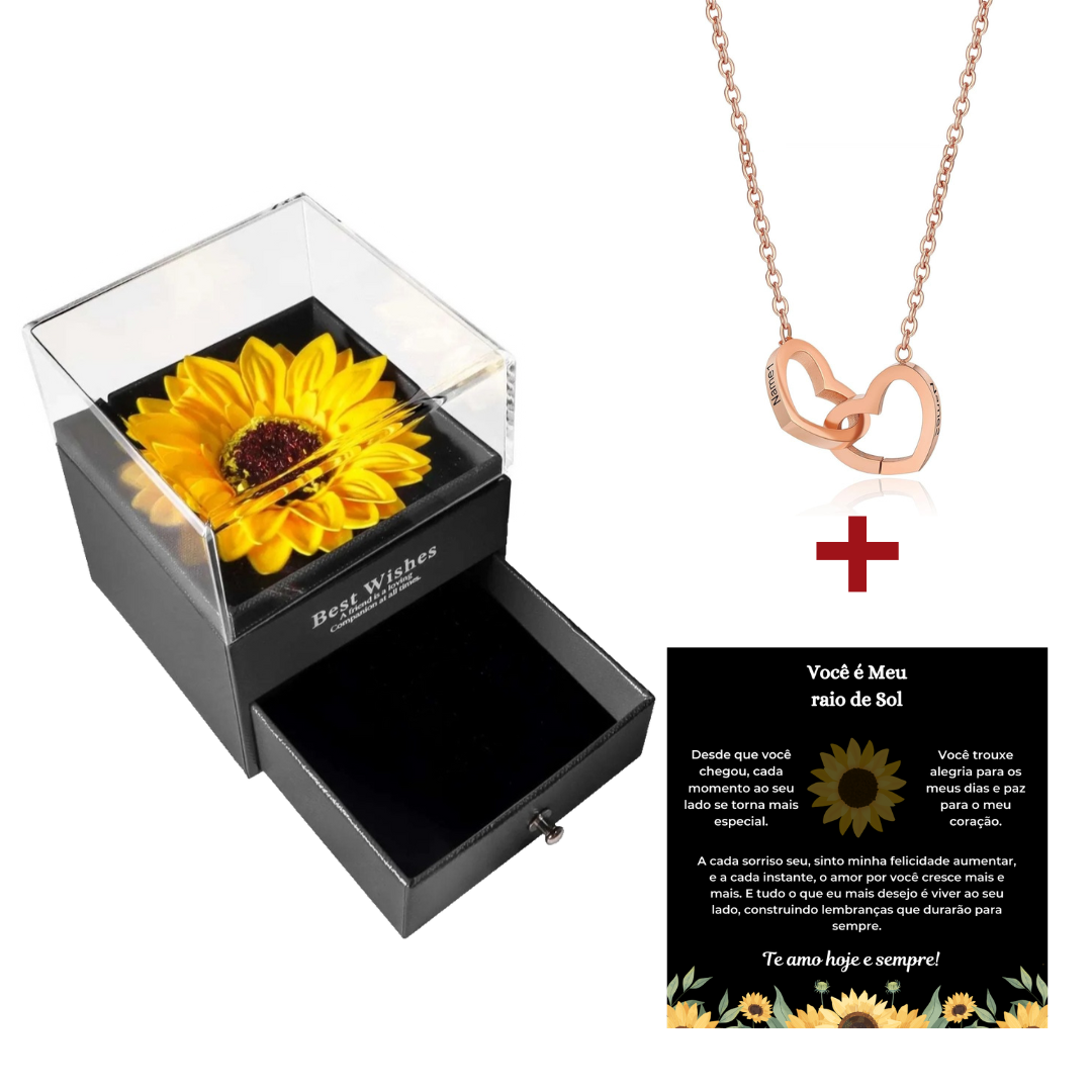 Caixa Rosa Girassol & Colar Dual Love Personalizado