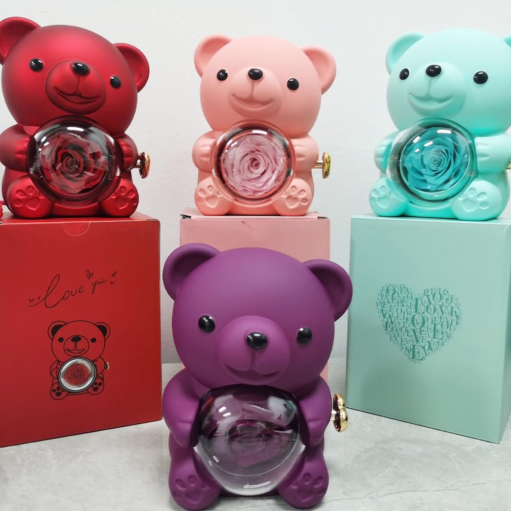 Urso Rotativo Com Rosa Real & Anel Solitario Com Pedra